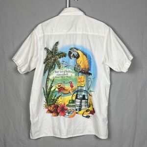 Caribbean Soul Button Shirt Mens M Parrot Graphic White Hawaiian Camp Nautical